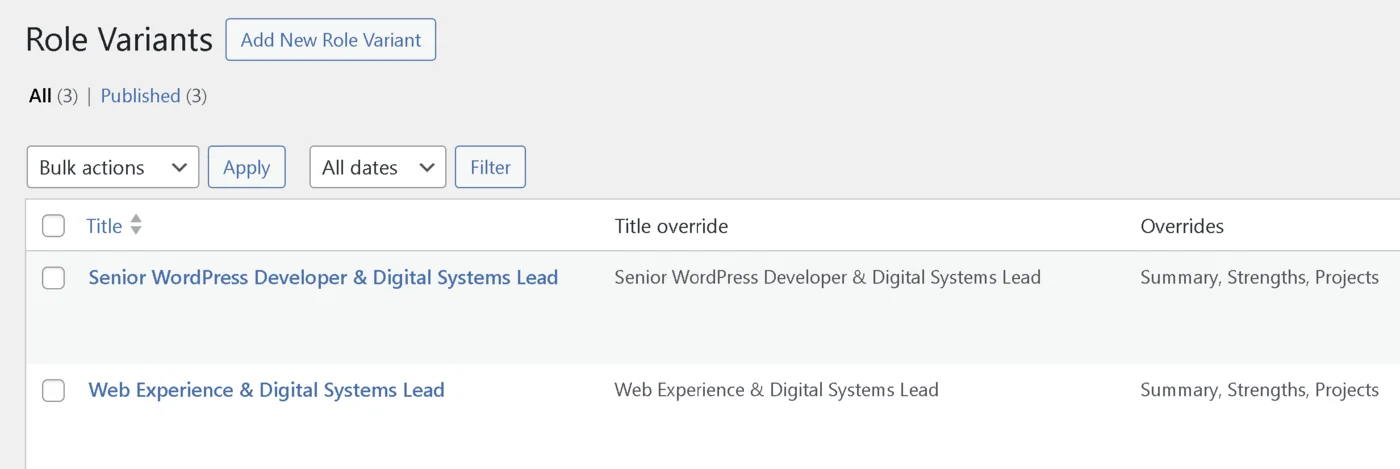WordPress admin list of the custom Role Variants post type with custom columns
