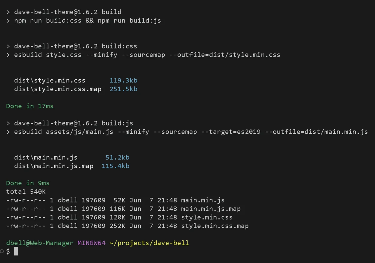 Terminal output of the build compiling and minifying the theme assets
