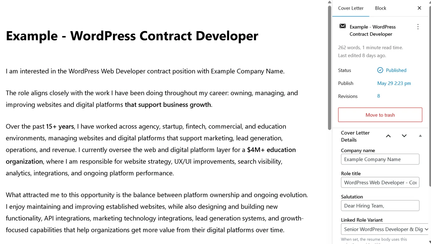 WordPress admin editing a cover letter in the custom Cover Letters post type