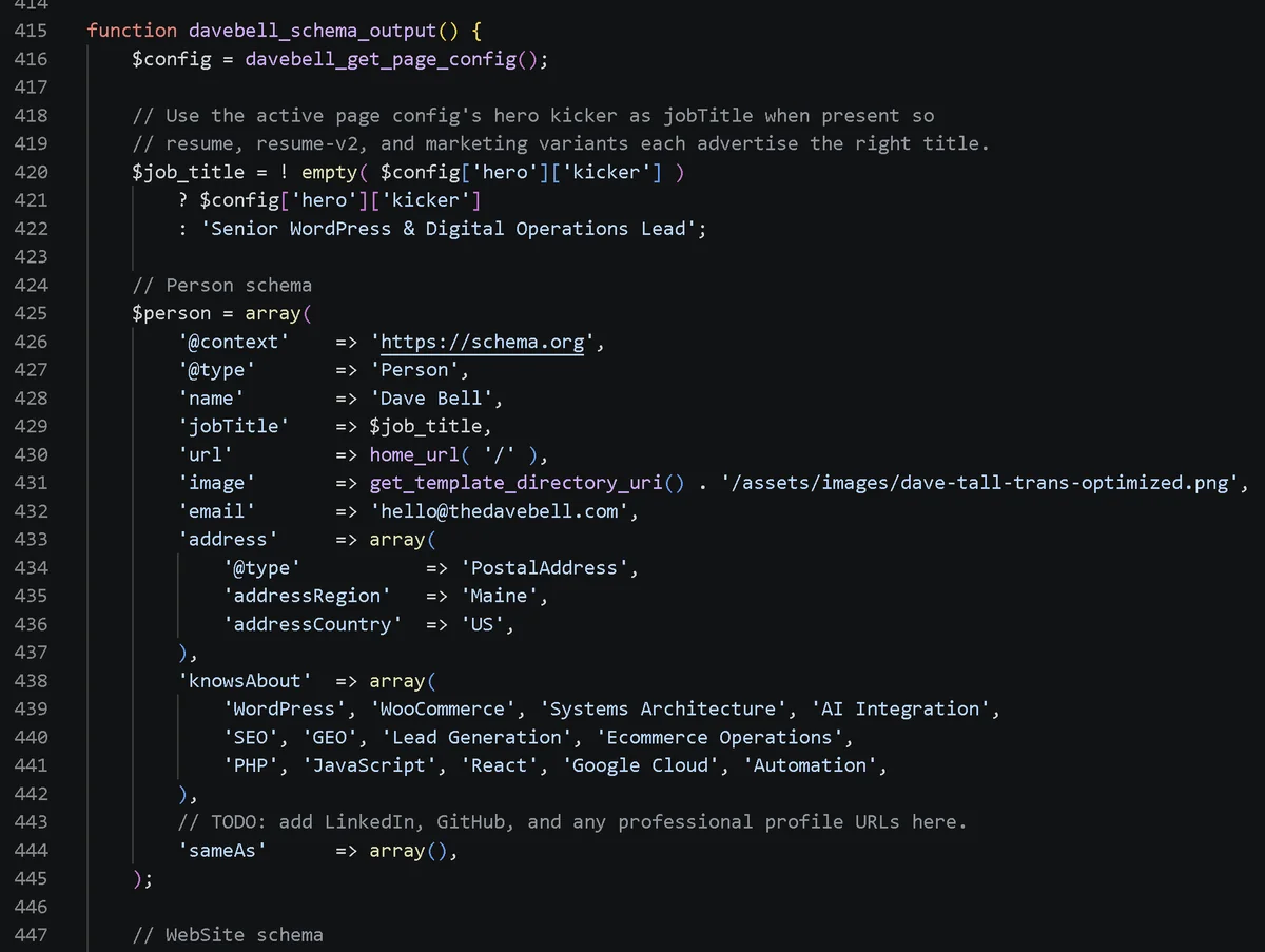 The hand-coded JSON-LD schema output function in the WordPress theme source