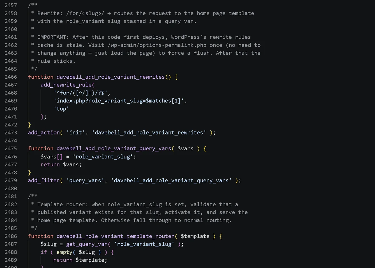 The hand-coded role-variant routing engine in the WordPress theme source