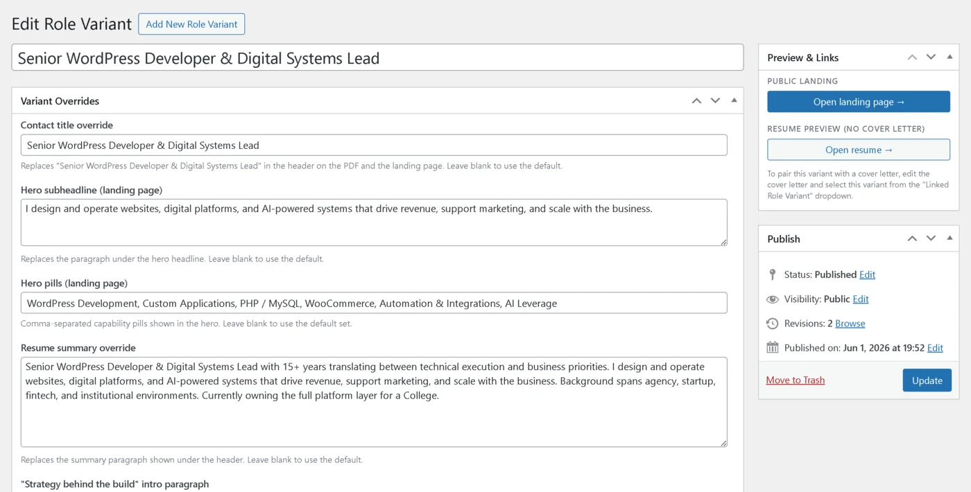WordPress admin editing a role variant with title, summary, strengths, and project override fields